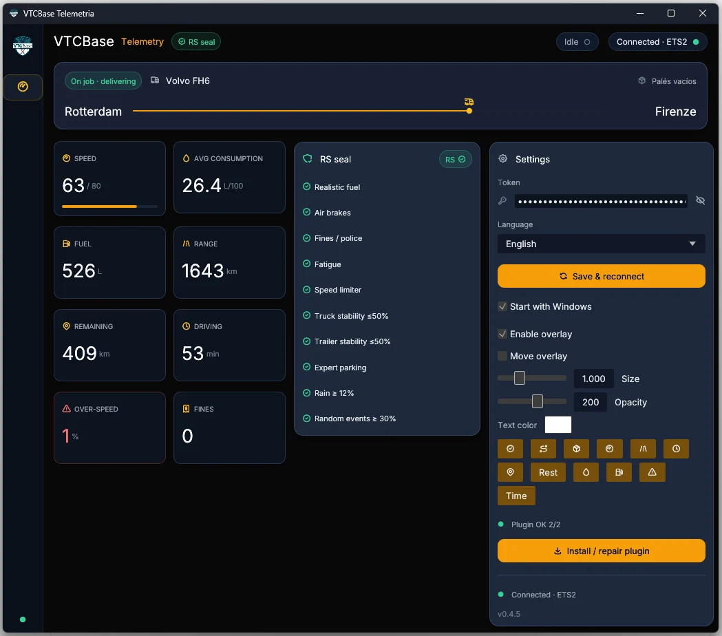 Cliente de telemetría VTCBase para ETS2 y ATS